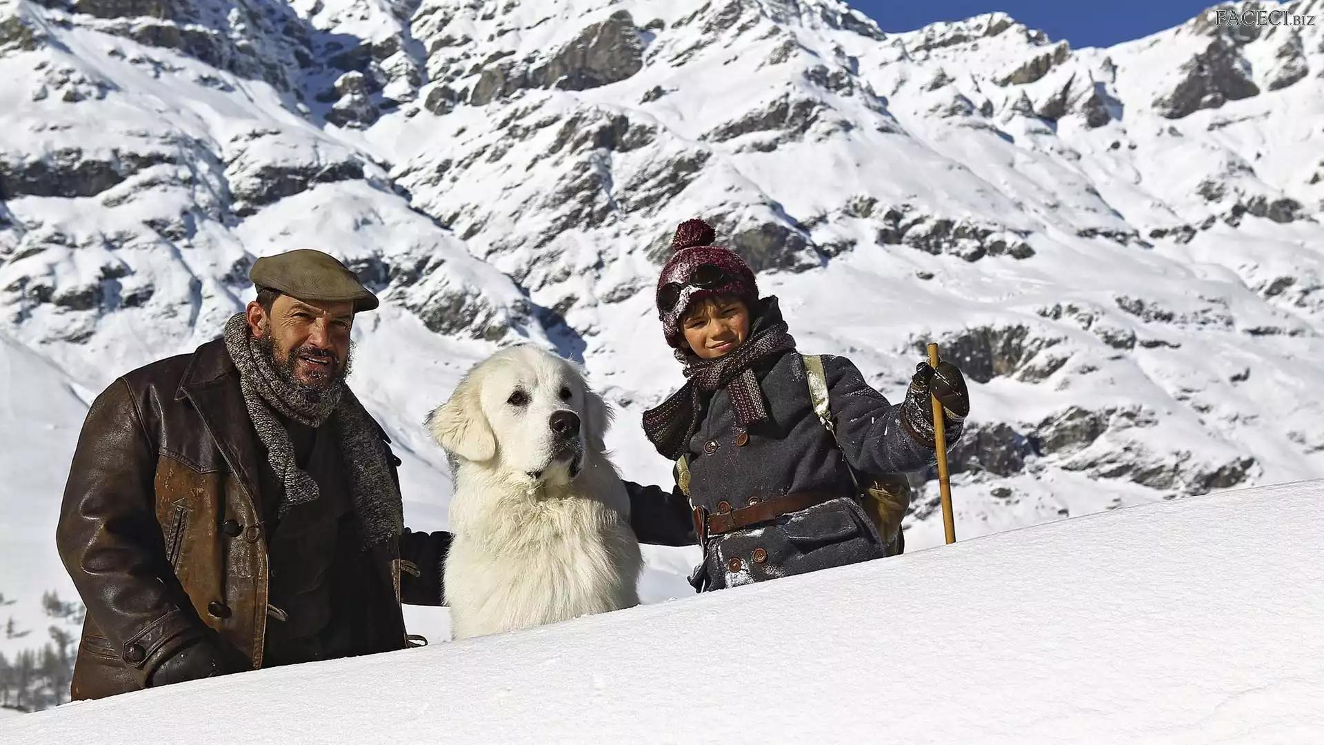 Mężczyzna, Pirenejski pies górski, Film, Alpy, Zima Dziecko, Bella i Sebastian, Góry