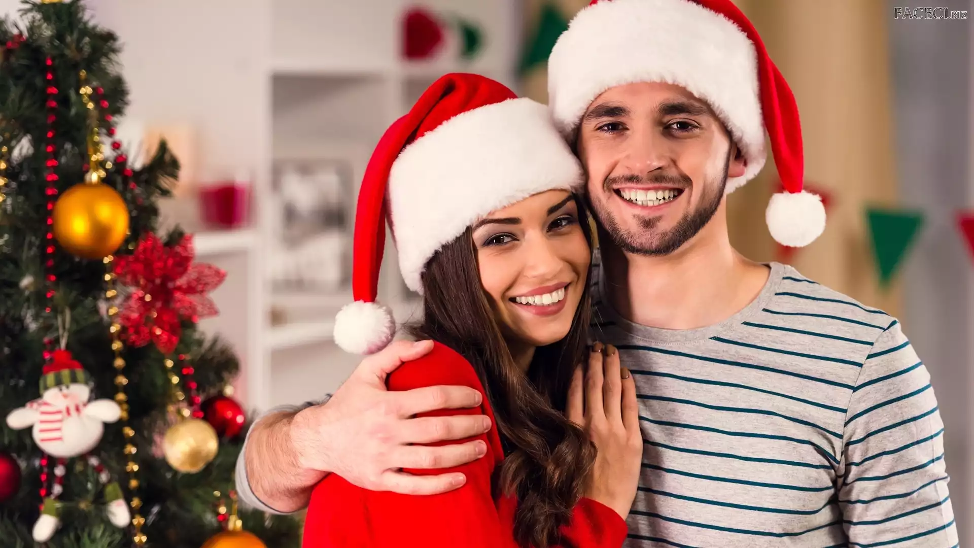 Czapki, Kobieta, Święta, Choinka, Mężczyzna, Mikołaja