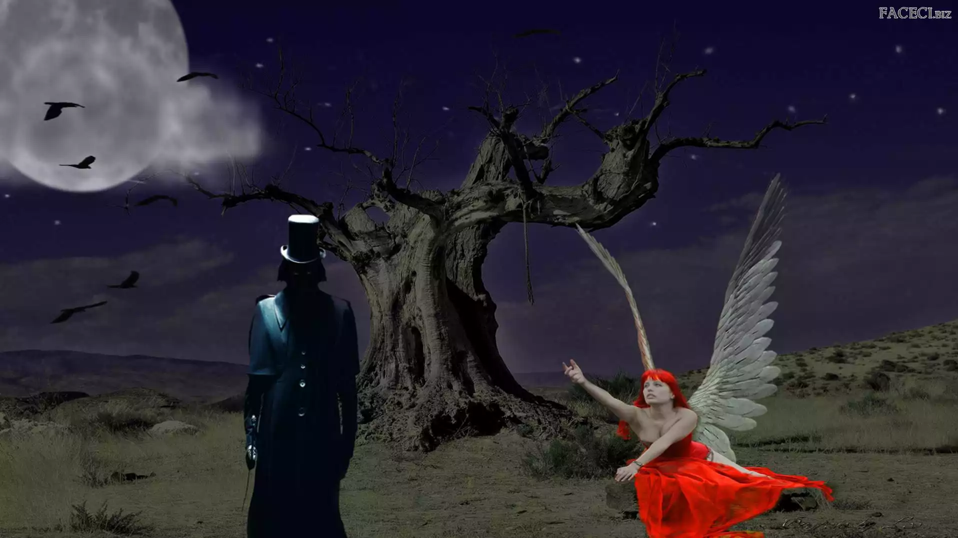 Czarna, Anioł, Drzewo, Postać