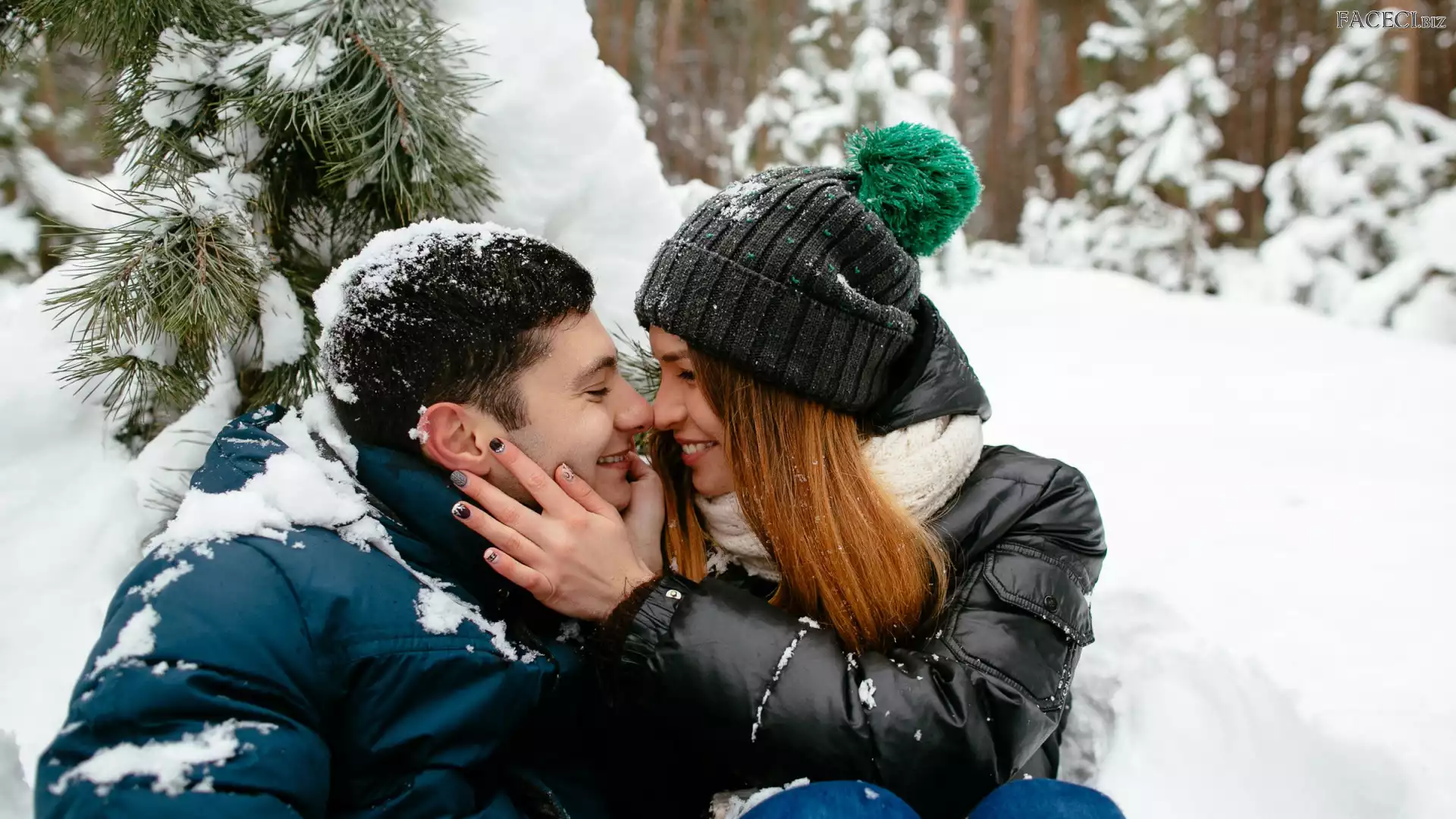 Kobieta, Para, Uśmiech, Zima, Zakochani, Mężczyzna