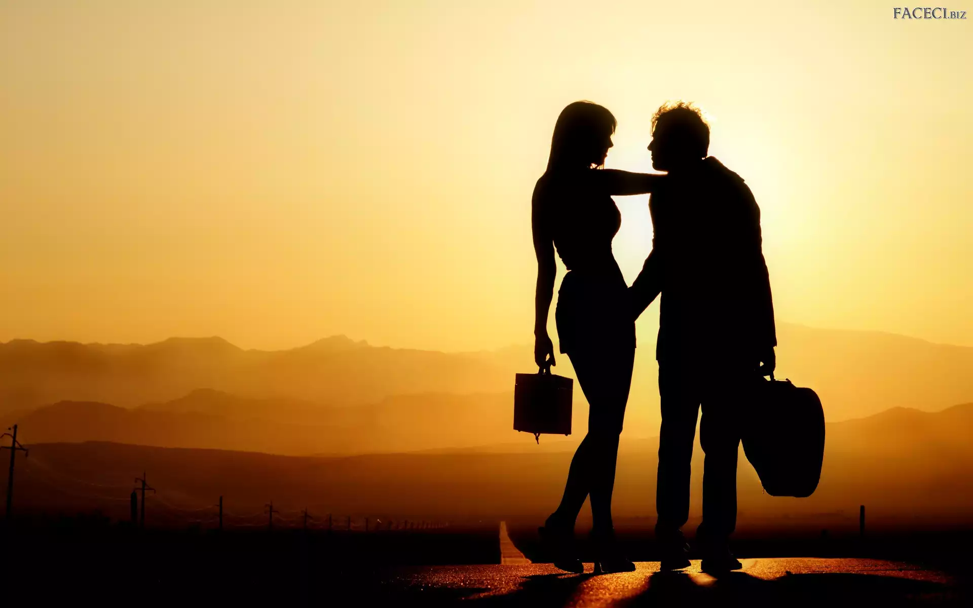 Mężczyzna, Droga, Kobieta, Zachód słońca