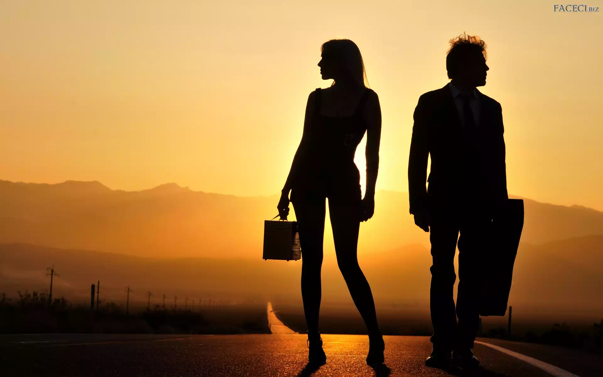 Mężczyzna, Droga, Kobieta, Zachód słońca