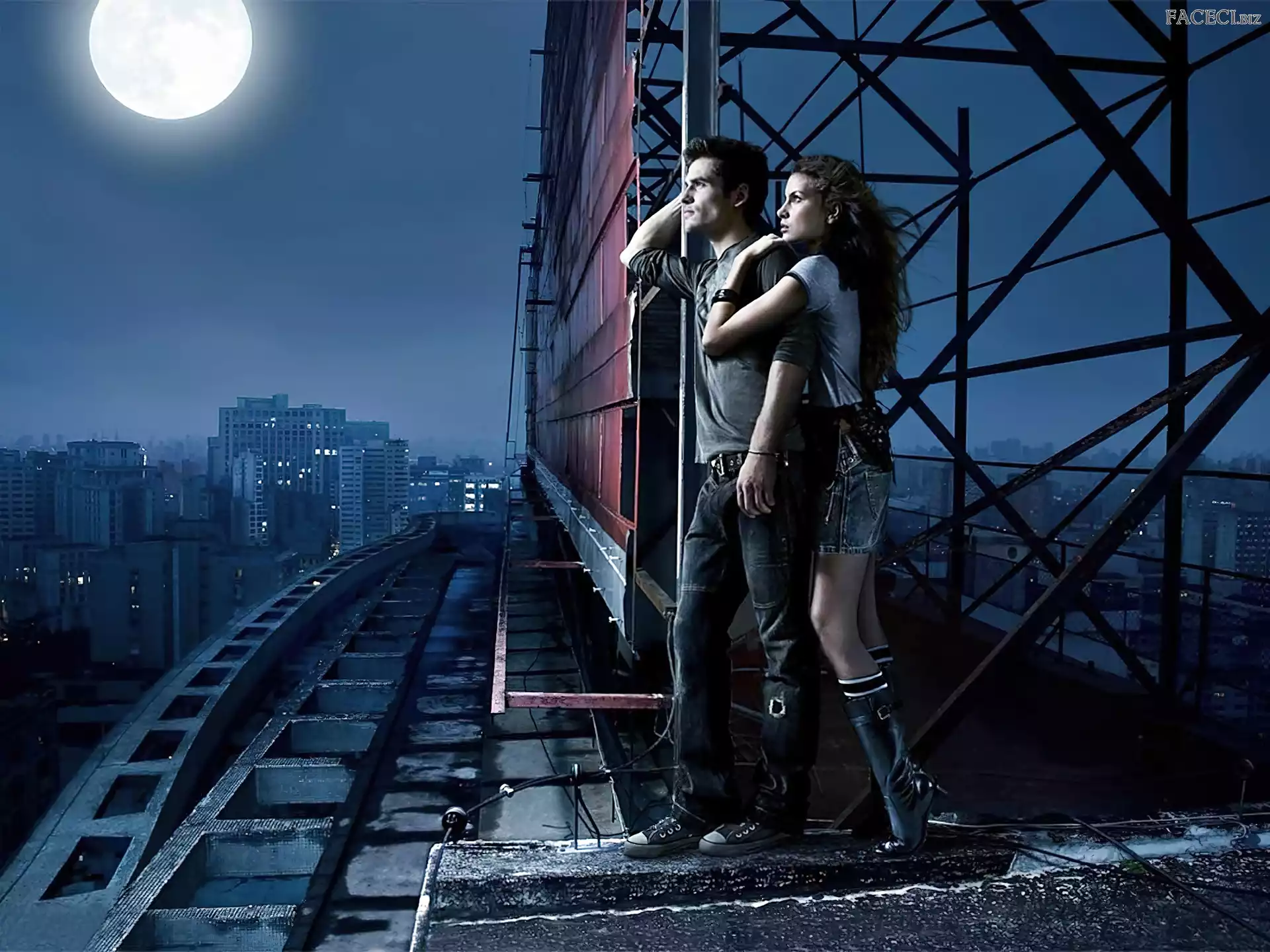 Miasta, Panorama, Kobieta, Księżyc, Mężczyzna