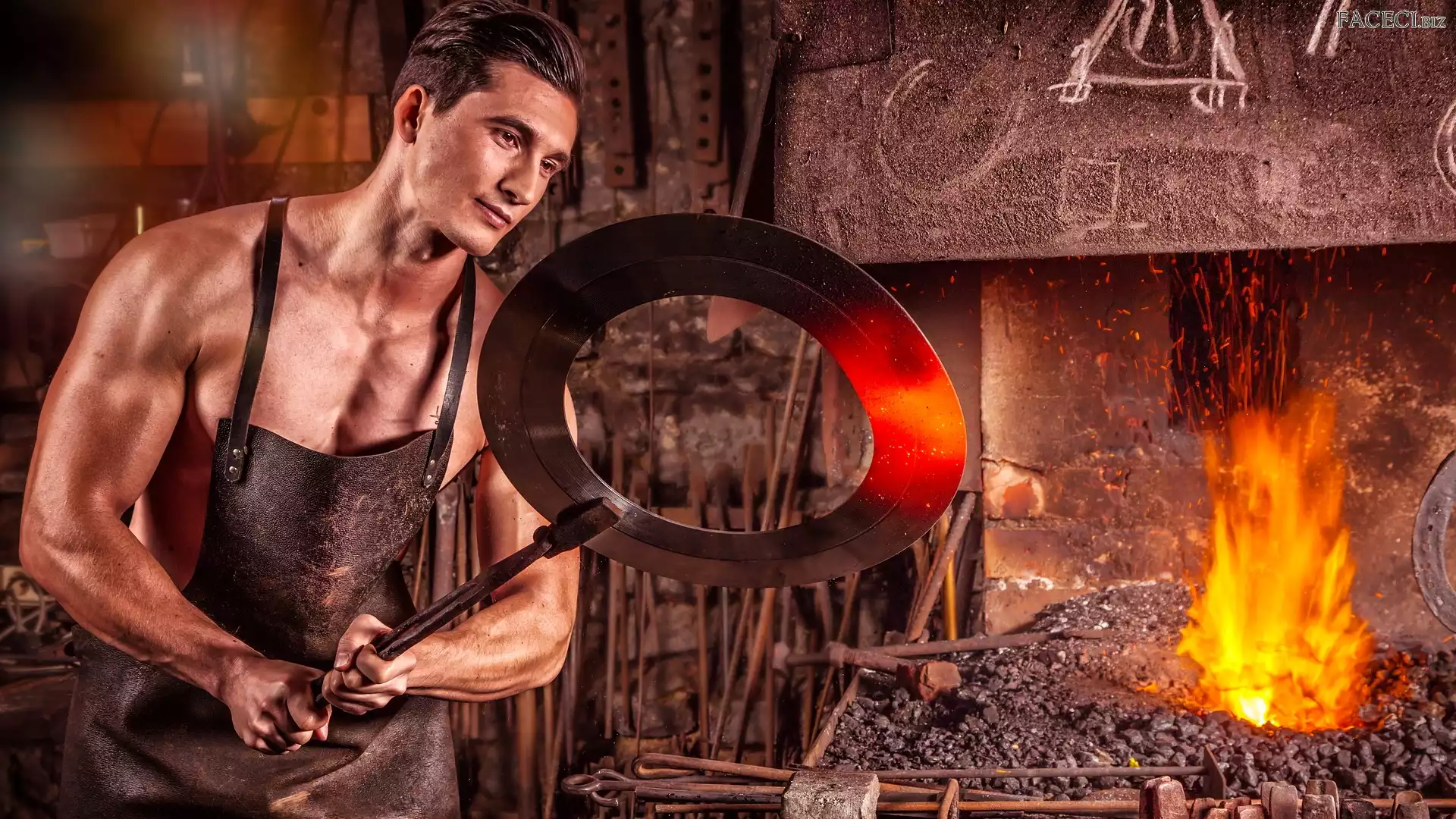 Ogień, Kuźnia, Kowal, Mężczyzna, Fartuch