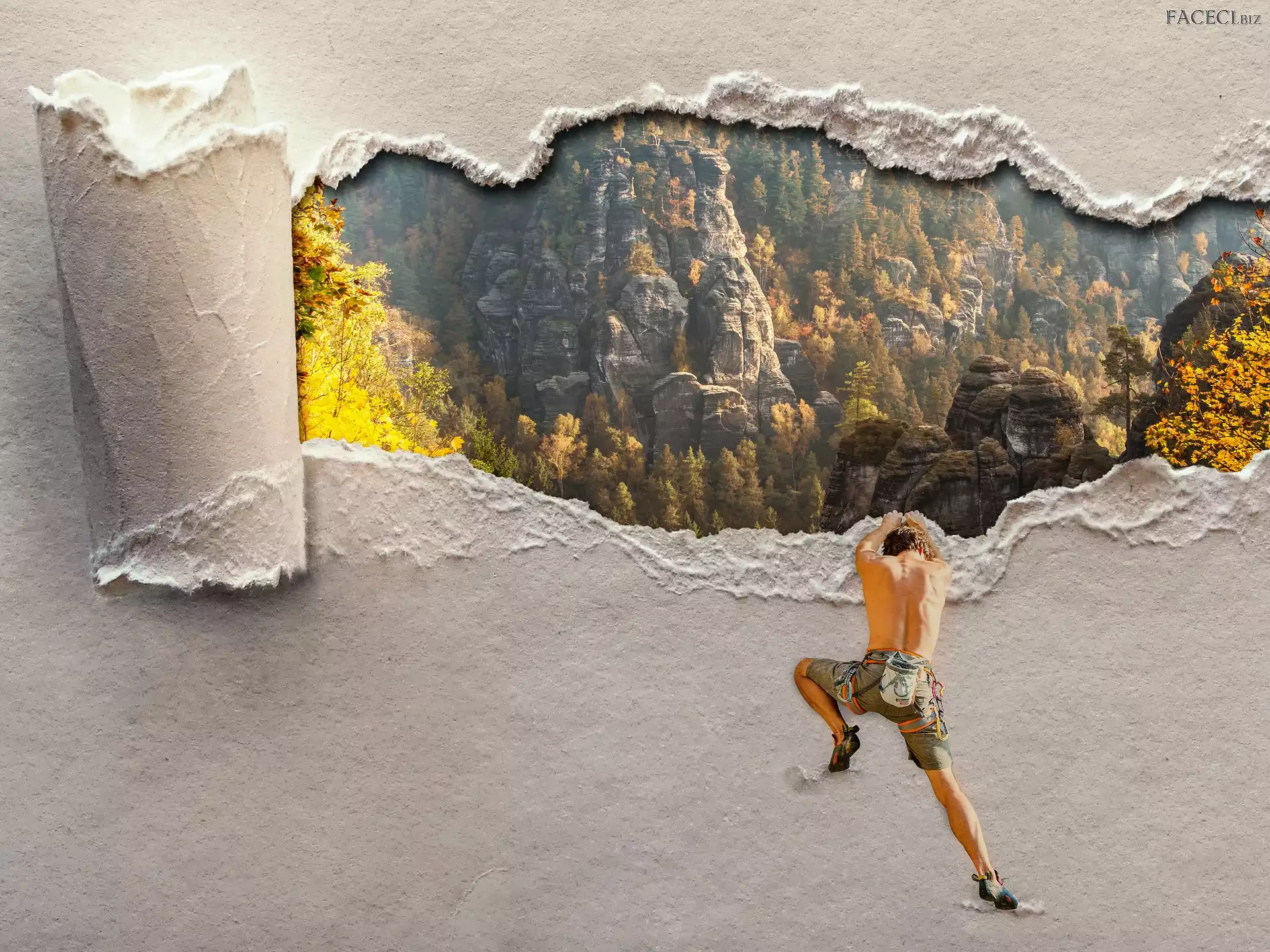 Papier, Mężczyzna, Grafika, Wspinaczka, Rozdarty, Góry