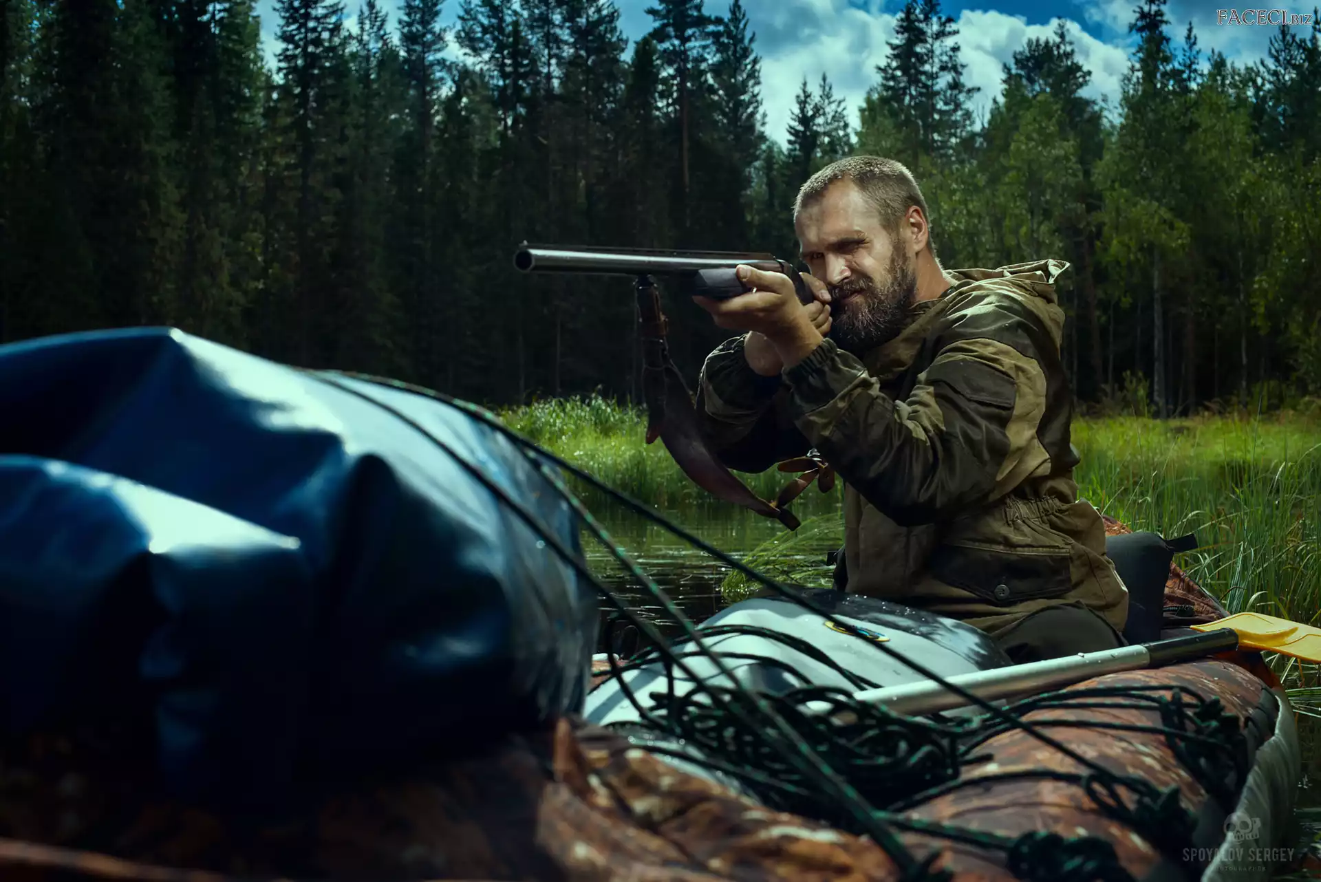 Szuwary, Polowanie, Myśliwy, Woda, Las, Strzelba, Ponton