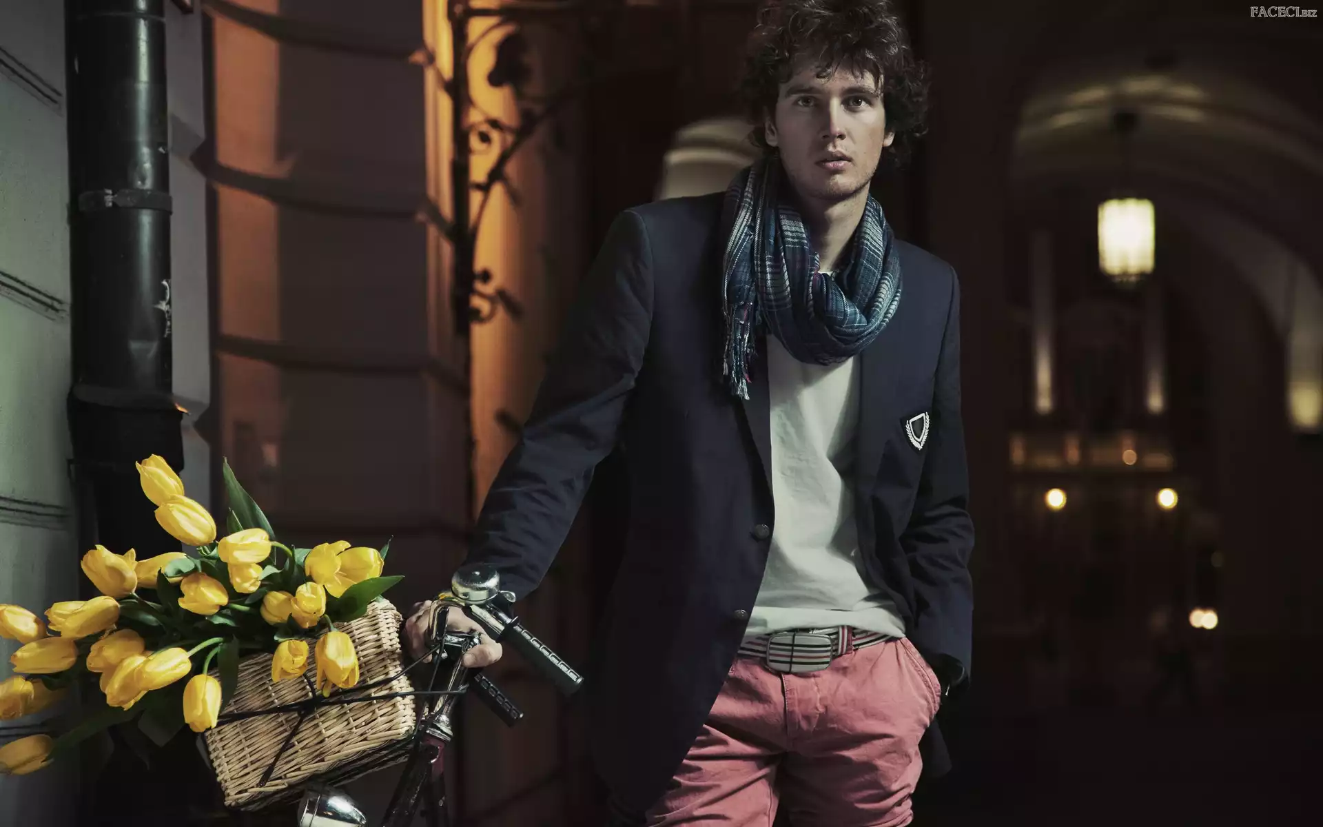 Rower, Tulipany, Szalik, Mężczyzna, Żółte